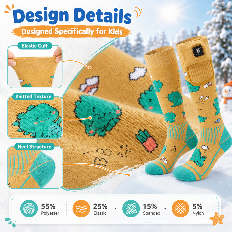 Dinosaur Kids Heated Ski Socks