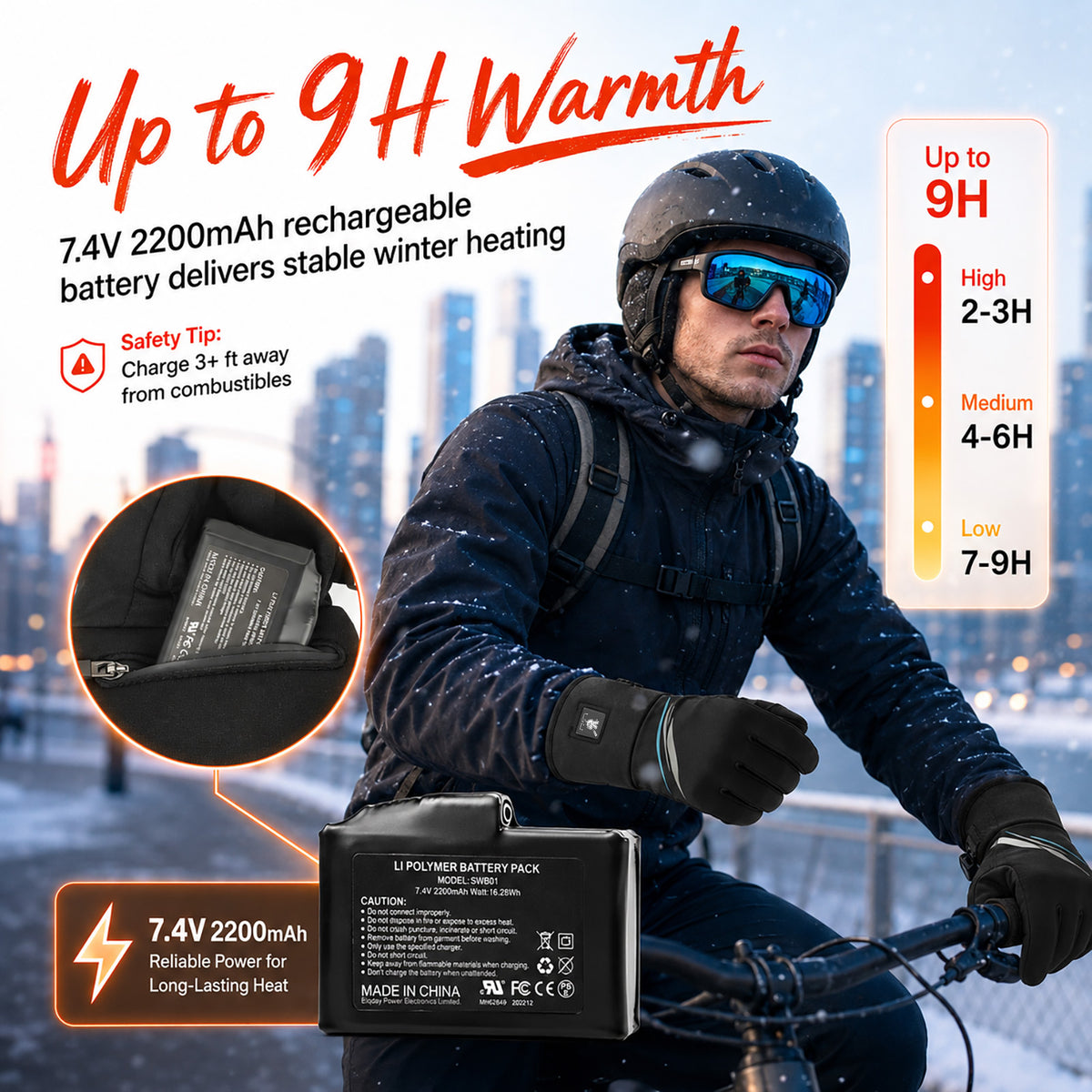 Slim Heated Glove Liners with Battery Display