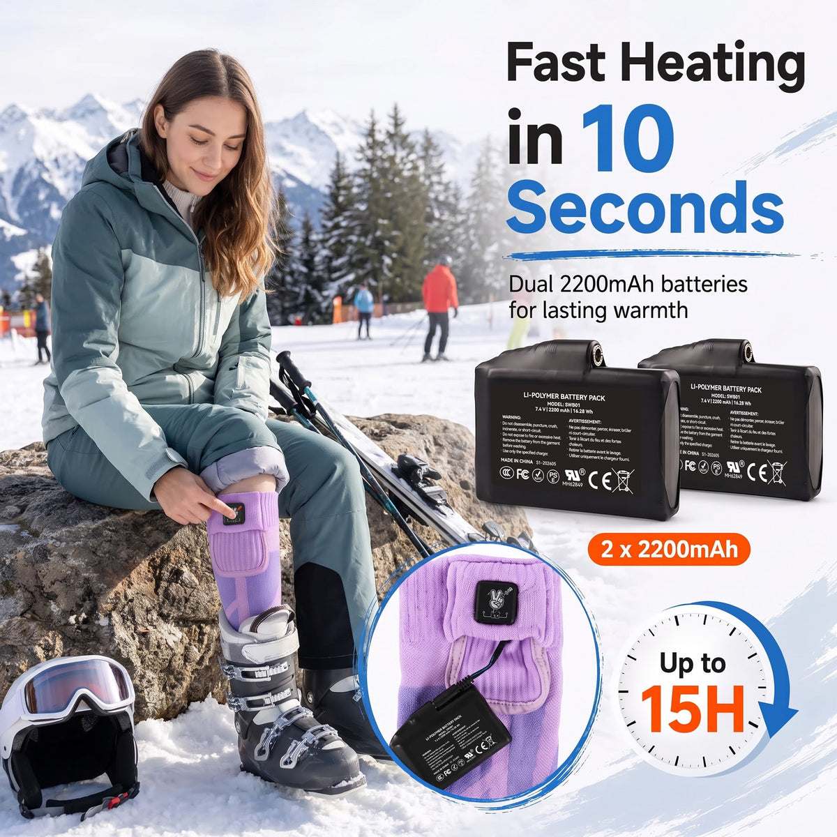 Moisture-Wicking Grip Heated Ski Socks