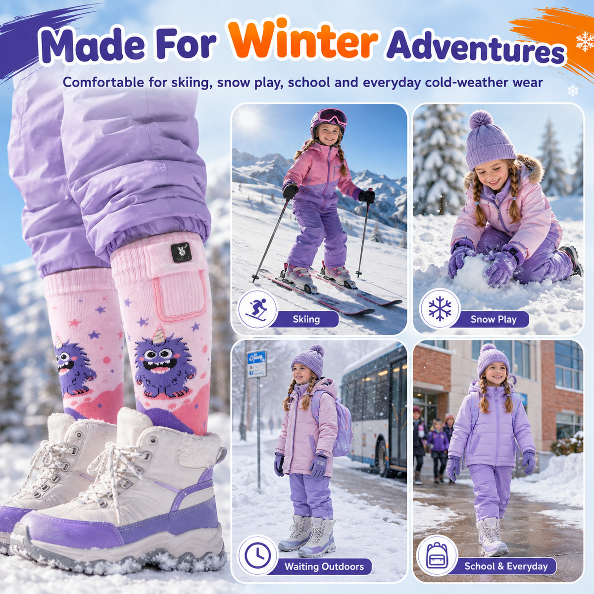 Horned Monster Kids Heated Ski Socks