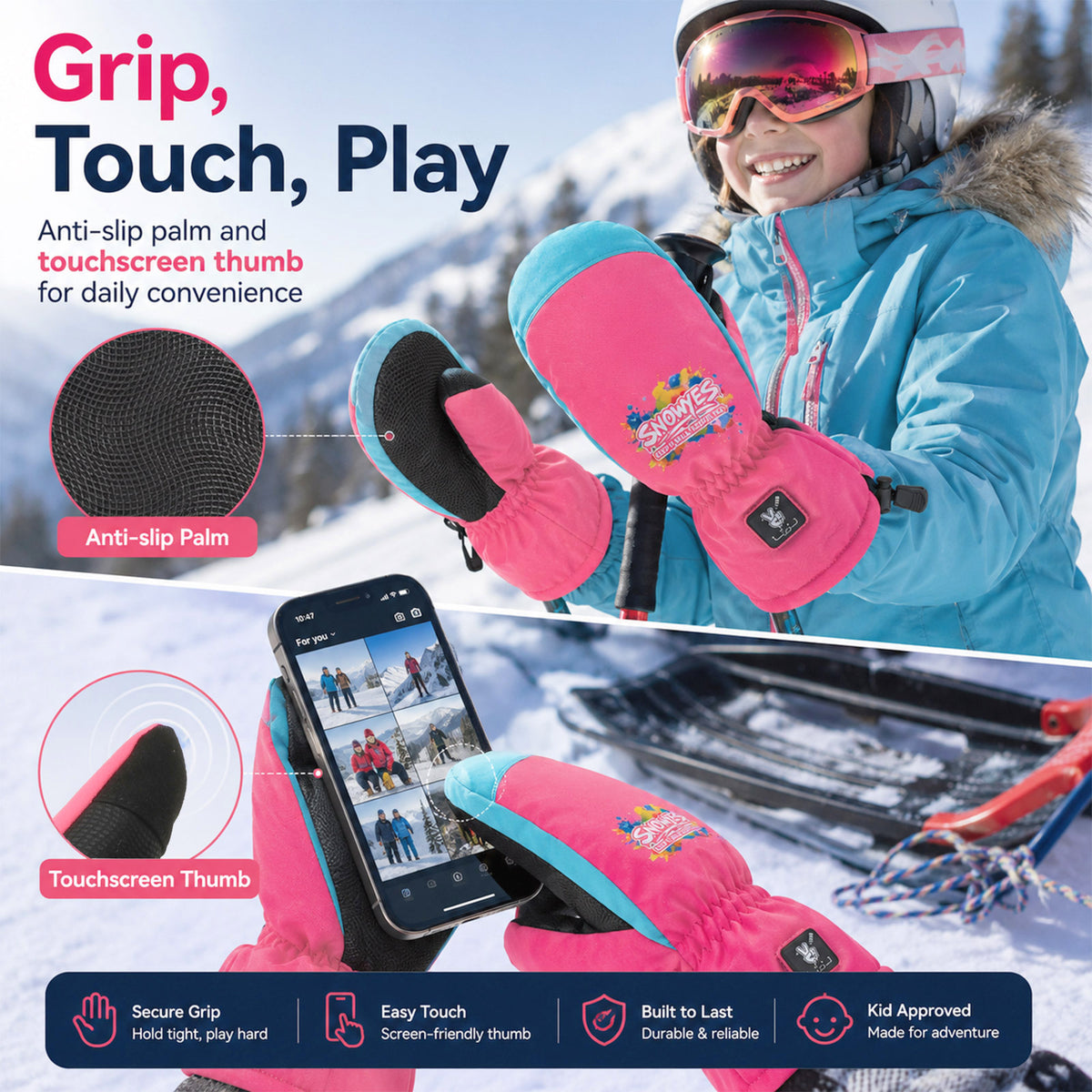 Kids Heated Ski Mittens – Candy Splash