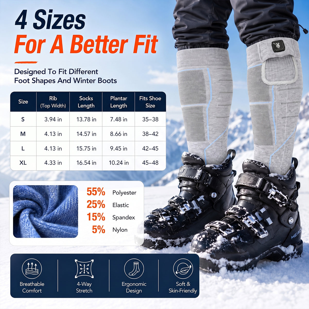 Breathable Grip Heated Ski Socks