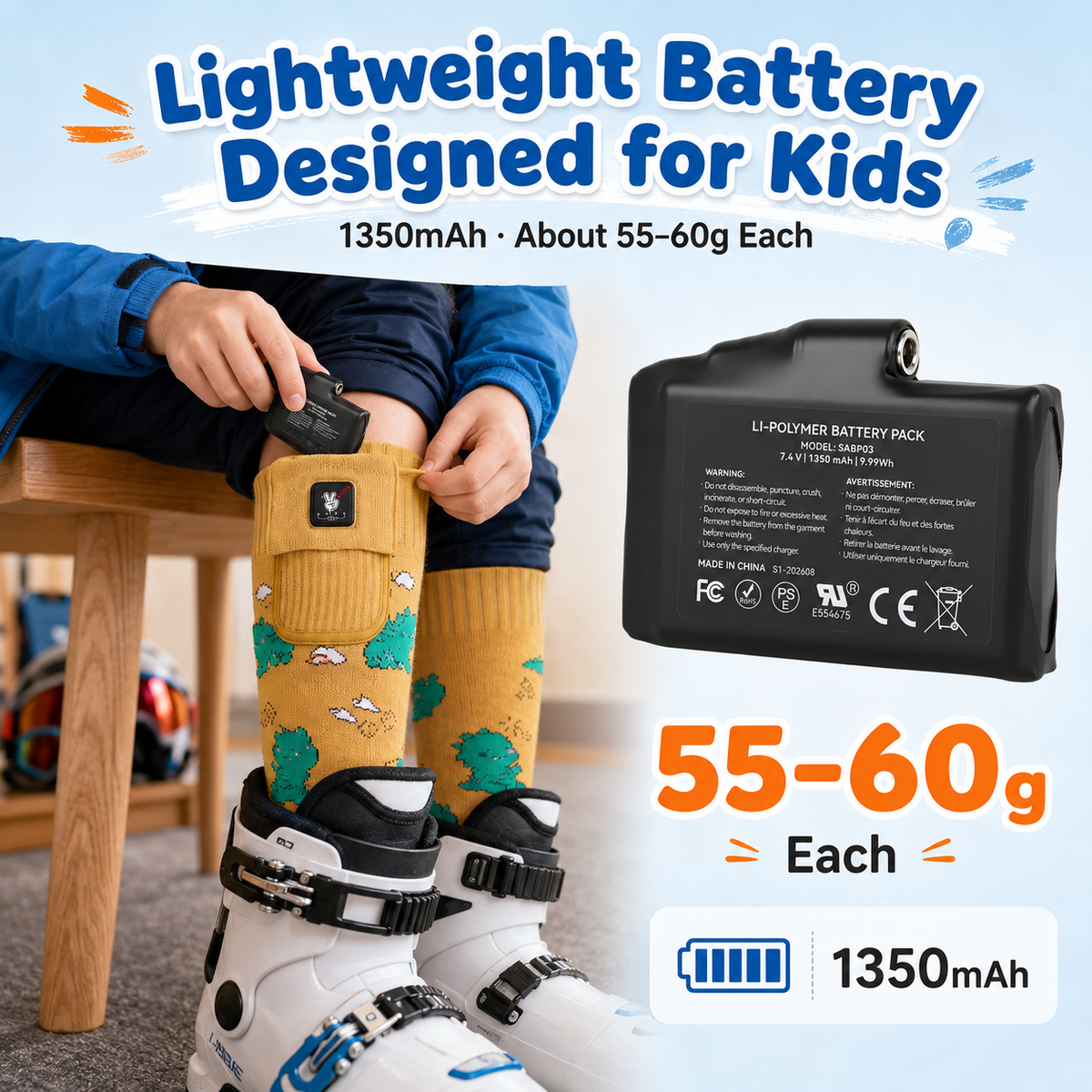 Dinosaur Kids Heated Ski Socks