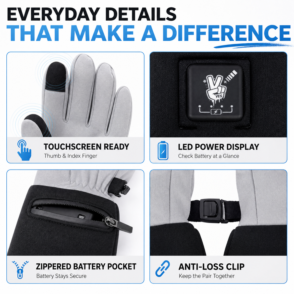 Slim Heated Glove Liners with Battery Display